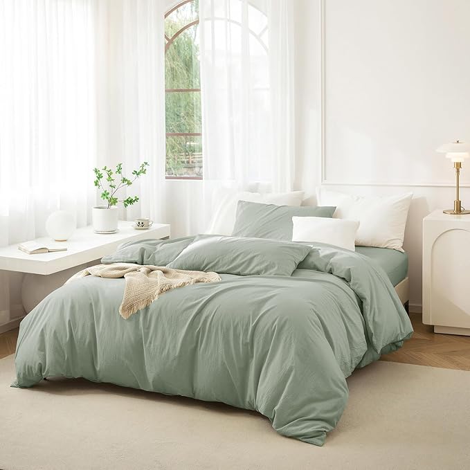 JIYUAN 100% Washed Cotton Duvet Cover Set 3 Pieces Cal King, 1 Duvet Cover 104x98 Inches(Comforter Not Included) and 2 Pillowcases,Linen Feel Bedding Set Comfy and Breathable, Heathered Sage Green
