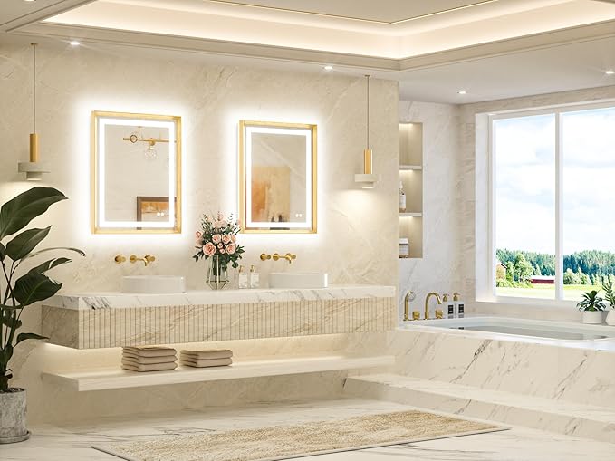 TETOTE 24 x 30 Bathroom Mirror Brushed Gold Metal Frame Frontlit & Backlit Vanity Mirror 3 Colors White/Warm/Natural Stepless Dimmable Anti-Fog Bathroom Mirrors for Vanity Wall-Mounted
