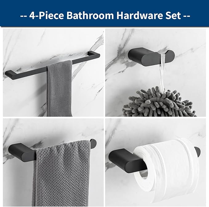 Bathroom Hardware Set, 4-Piece Towel Rack Towel Bar Towel Holder Toilet Paper Holder Towel Hooks Wall Mounted Bath Towel Bars Matte Black Stainless Steel Bathroom Accessories Set, 16 inch