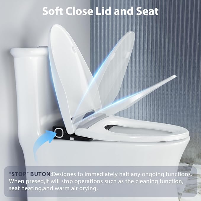 Electric Toilet Seat, Elongated Smart Heated Toilet Seat with Warm Water & Dryer, Feminine & Child Hip Wash, Wireless Remote, Self-Clean, Stainless Steel Nozzle, Adjustable Water Pressure