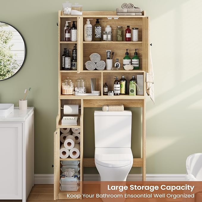 Itaar Over The Toilet Storage Cabinet, Farmhouse Rattan Bathroom Cabinet, Over Toilet Bathroom Organizer with Rattan Barn Doors & Toilet Paper Holder Stand, for Restroom, Laundry