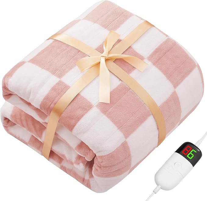 Light Pink Heated Blanket Electric Throw, 50X60 Heating Blanket with 10 Heat Levels & 8 Hours Auto Off for Lap, Checkered Plaid Soft Sherpa Blankets Warmer Gifts for Couch Grandma Women Adults
