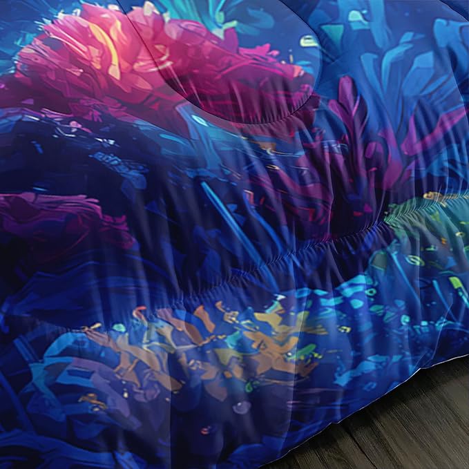 Fantasy Jellyfish Comforter Full Bedding Sets for Girls Kids Toddlers,Coral Starfish Ocean Theme Bedroom Decor,Blue Underwater World Bedding Sets with 2 Pillowcases.