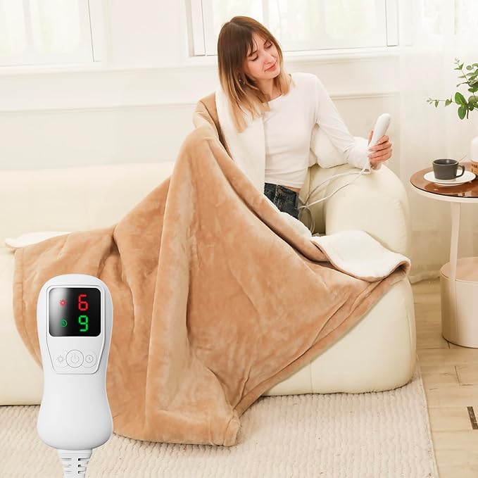 Electric Heated Blanke Throw Size, Super Soft Cozy Upgraded Flannel Heating Blanket with 9 Heating Levels & 1-9 Hours Auto Off, Fast Heat & Overheat Protection, 50" x 60", Khaki