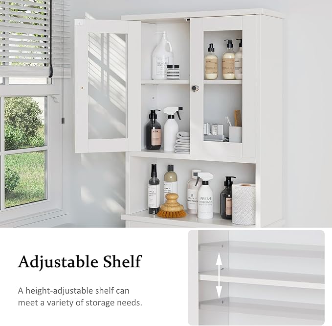 Meilocar Over The Toilet Storage Cabinet for Bathroom, Storage Organizer Over Toilet, Space Saver with Tempered Glass Doors, White