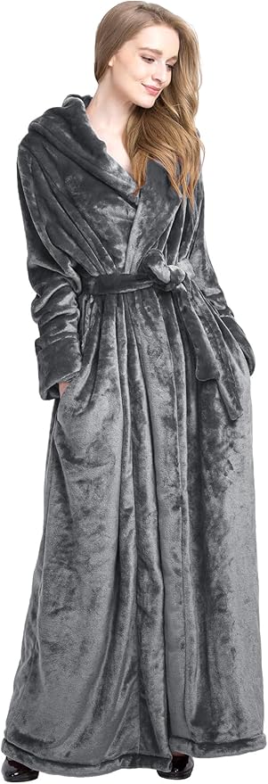 Women's Plush Robe Extra Long Robe with Pockets Thicken Soft Warm Bathrobe