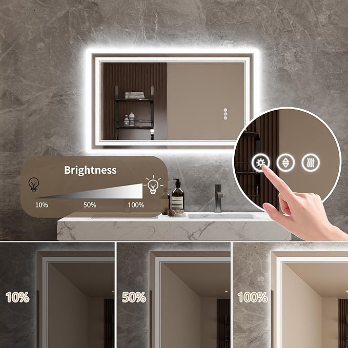 Bathroom Mirror with Lights 24"X40" with Front Light and Backlit, Tempered Glass, Wall Mount Horizontal/Vertical, Stepless Dimmable, 3 Colors, Anti Fog, Bathroom Memory LED Mirror