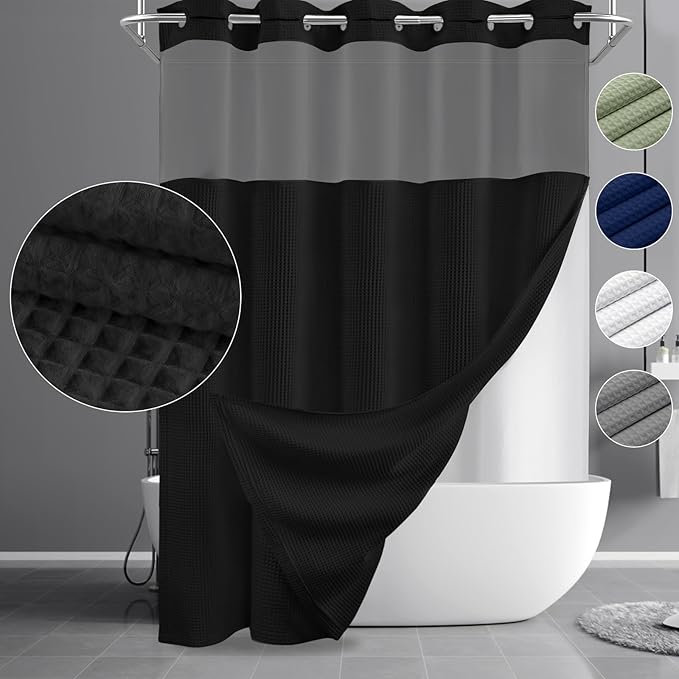 YellyHommy No Hook Shower Curtain and Liner Set Less Time Black Waffle Cotton Hotel Shower Curtain with Snap in Liner 72" Wx 75" L