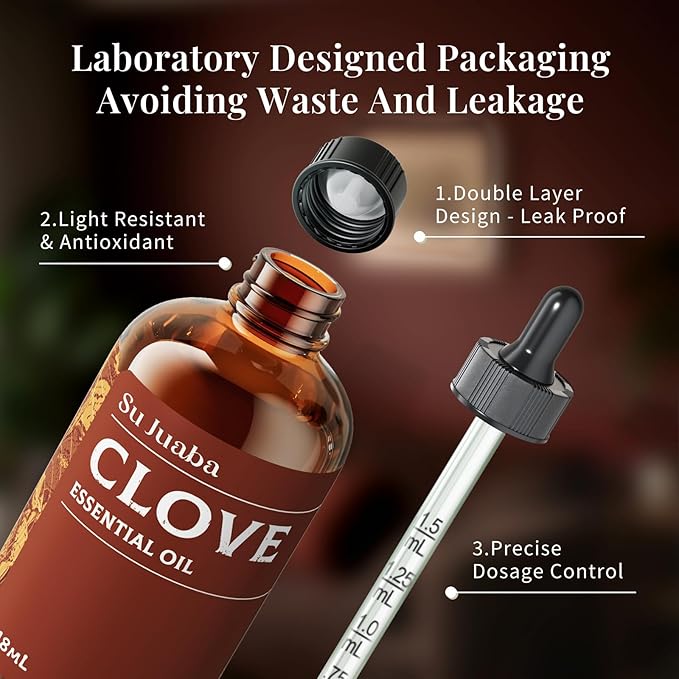 SU JUABA Clove Essential Oil 4 Oz, 100% Pure & Natural Aromatherapy Oil for Oral Care, Teeth & Gums, Diffuser, Skin, Hair - 118ML