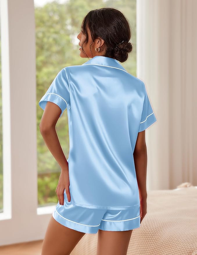 Ekouaer Pajamas for Women Set Silk Satin Pjs Shorts Sleepwear 2 Piece Loungewear S-XXL