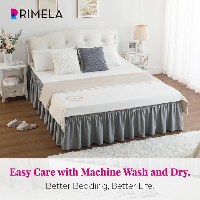 RIMELA Grey Queen Size Bed Skirt 15 Inch Drop,Elastic Bed Skirting, Light Gray Bedskirt for Adjustable Bed Base and Frame, Lightweight Wrap Around Dust Ruffle