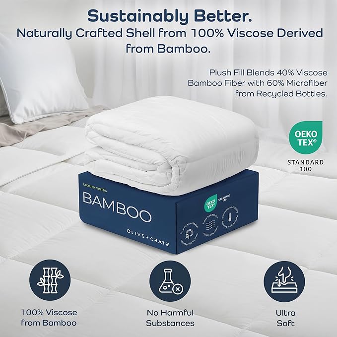 Olive + Crate 100% Viscose Derived from Bamboo - Queen Size - Hypoallergenic, Cooling & Moisture-Wicking Bedding - All Season Lightweight Plush Design - Organic Queen Comforter - 80"x 90"
