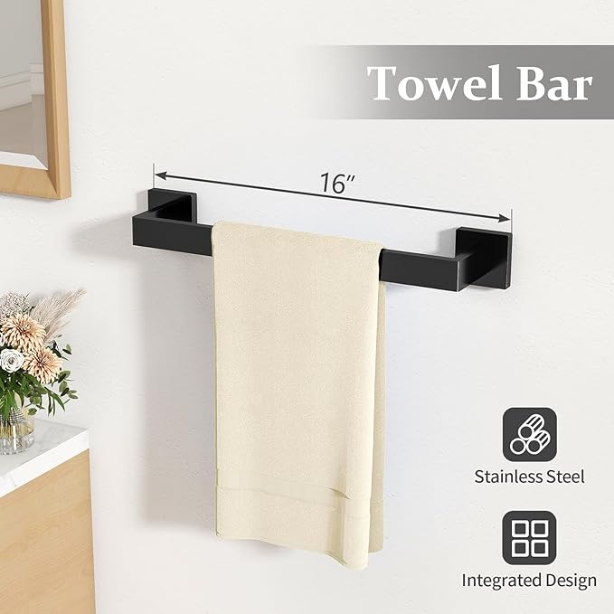 Matte Black Bathroom Accessories Hardware Set 5-Piece, Stainless Steel Towel Racks for Bathroom, 16 Inch Bath Towel Bar Set Wall Mounted