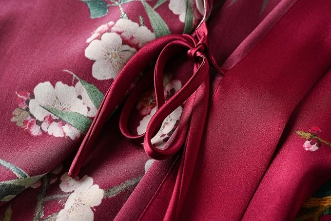 Women's Silk Kimono Robe Long Bathrobe Nightgown 100% Mulberry Silk for Women - Classic Floral Pattern