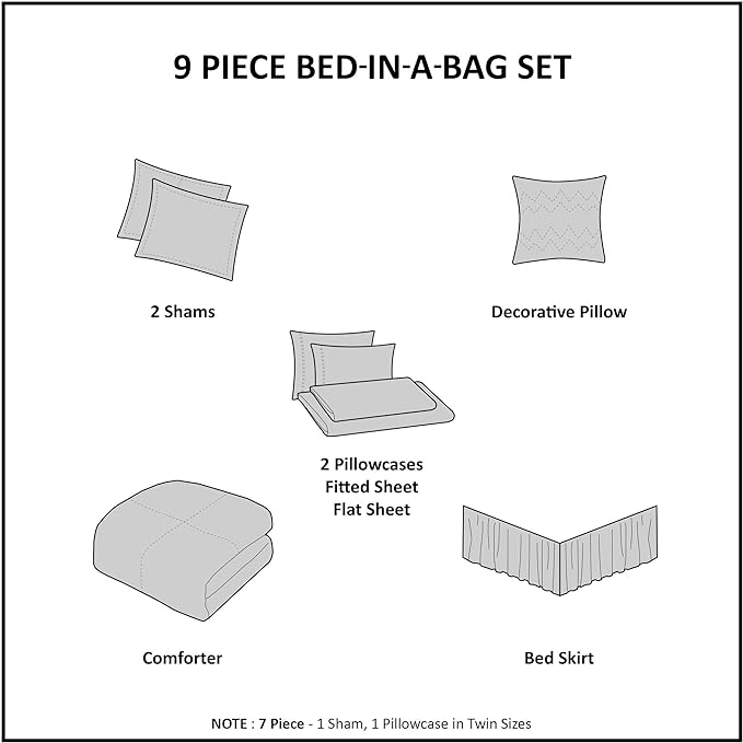 Madison Park Essentials Bed in a Bag Comforter, Vibrant Color Design All Season Down Alternative Cover with Complete Cotton Sheet Set, Twin(68"x86"), Knowles, Circular Aqua, 7 Piece