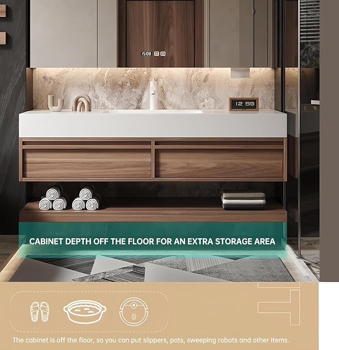 40" Bathroom Vanity, Floating Bathroom Vanity with Sink, Solid Wood Vanities with Smart Defogging Mirror Cabinet, Slate Countertop and Faucet, Wall Mount Bath Furniture Cabinet with Drawers (Walnut)