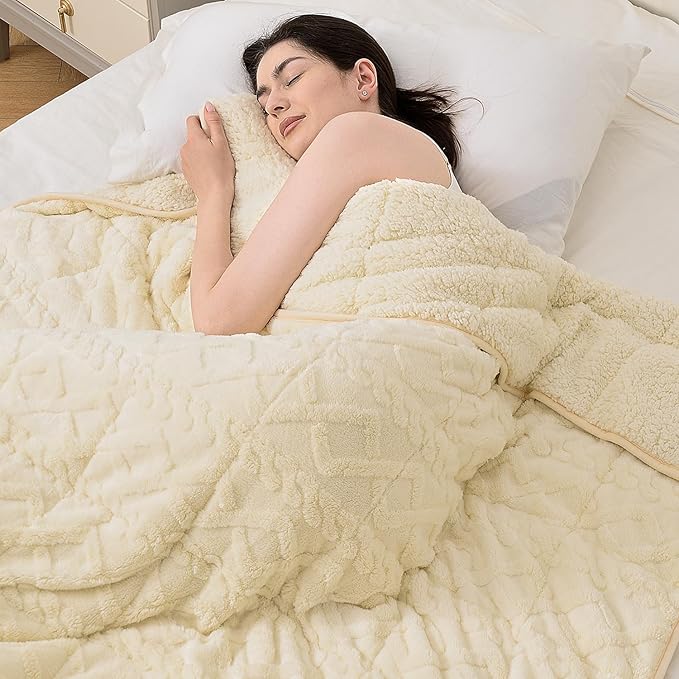 Topblan Weighted Blanket Queen Size 15lbs, Adult Weighted Blankets with Cozy Warm Sherpa for Sleeping and Calming, Jacquard Heavy Blanket for Couch Bed, Beige, 60 x 80 inches