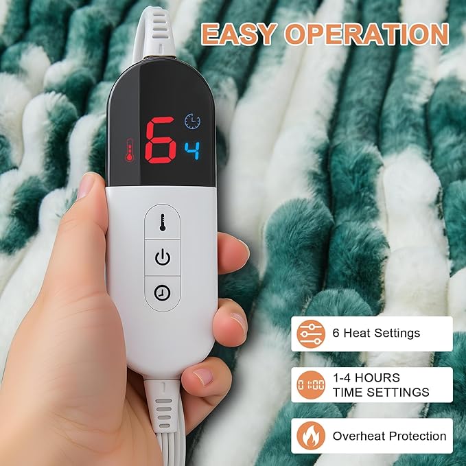 Heated Blanket Throw - 50"x60" Fast Heating Bed Electric Blankets Throw with 6 Heating Levels & 4 Hours Auto Off, Soft Ribbed Faux Fur Sherpa, Over-Heated Protection ETL, Dark Green