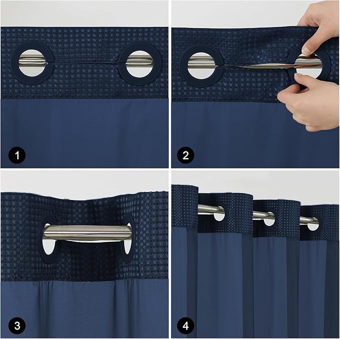 Colorful Star No Hook Shower Curtain with Snap in Fabric Liner, Waffle Weave Heavy Duty Thick Shower Curtains with Mesh Top Window, Hotel Style Waterproof Bathroom Curtain Set, 72 x 75 Inch, Navy Blue