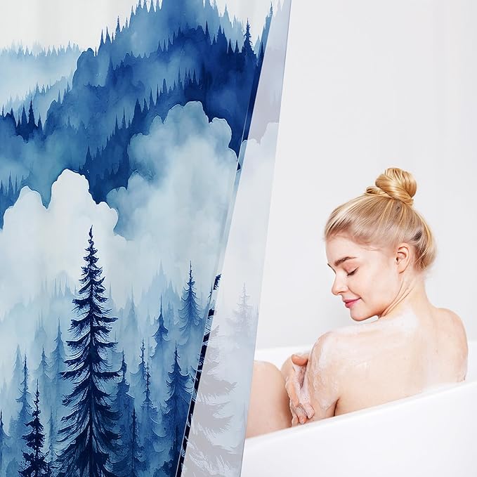 Navy Blue Misty Pine Forest Shower Curtain, Mountain Foggy Woodland Scenery Tree Shower Curtains for Chic Rustic Bathroom, Abstract Modern Waterproof Nature-Themed Decor, 72x72 Inches