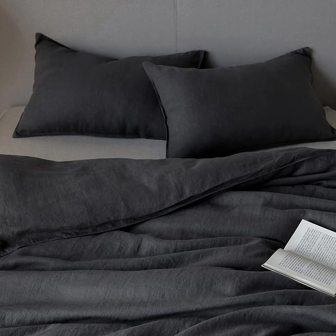 XZ XIFA Dark Grey 100% Linen Duvet Cover Queen Size Bedding Set, Cooling Duvet Cover with Natural Washed French Flax, Soft, Breathable, Textured Duvet Cover (1 Duvet Cover, 2 Pillowcases)