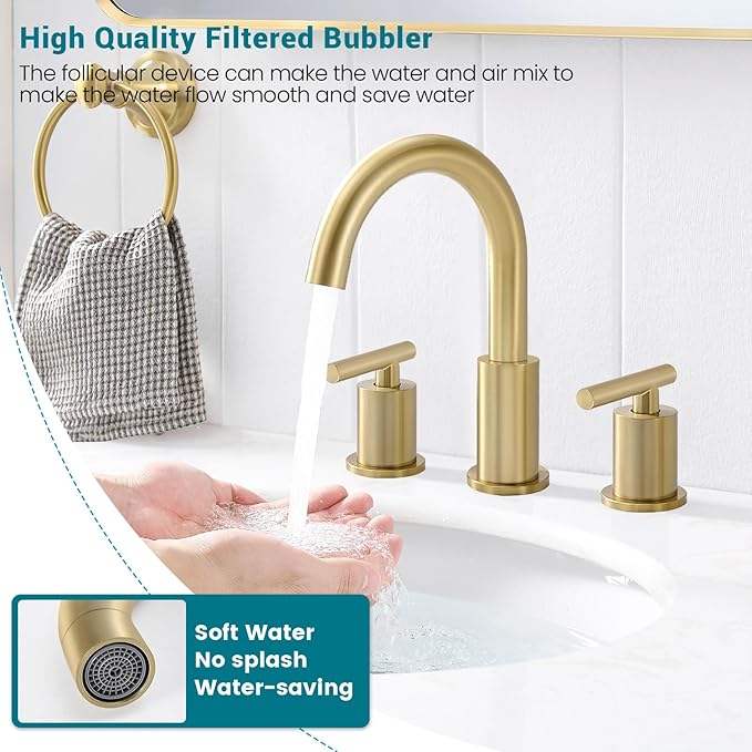 Bathroom Faucet 3 Hole, 8 Inch Widespread with Pop-up Drain, 2 Handle Sink Faucet, Modern Vanity Faucet for Bathroom Sink with 360° Swivel Spout Brushed Gold