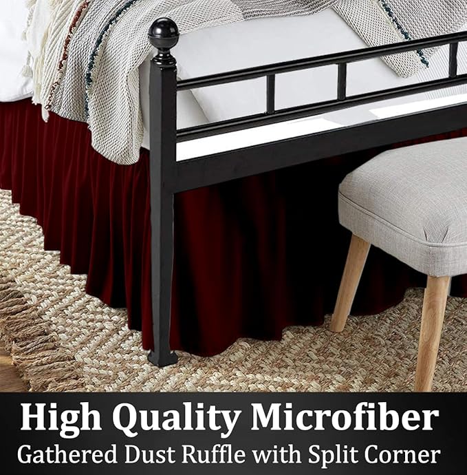 Ruffled Bed Skirt with Split Corners, Burgundy, King 16 Inch Drop Bedskirt, Hotel Quality Brushed Microfiber Wrinkle Free Dust Ruffle Bed Skirt King Size