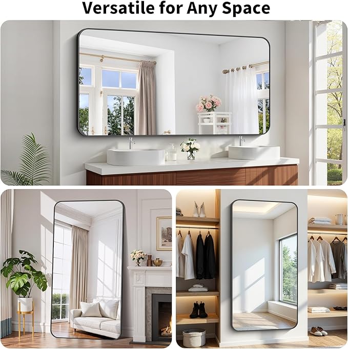 Koonmi Black Framed Bathroom Mirror - 36x71 Inch Shatterproof Tempered Glass Vanity Mirror for Bathroom Sink, Wall Mounted with Matte Aluminum Alloy Frame, No Distortion, Modern Decor