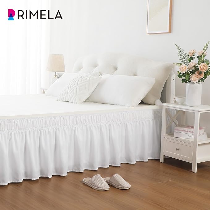 RIMELA White Bed Skirt Full Size 18 Inch Drop, Elastic Bed Skirting for Bed Base and Frame, Bedding Dust Ruffle Easy to Install, Lightweight Wrap Around Adjustable Bedskirt