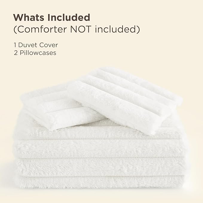 Bedsure Faux Fur Duvet Cover King Size - White Fluffy Duvet Cover Set, Soft and Cozy Shaggy Bedding Comforter Cover, Winter Warm Luxury Fuzzy Bed Set 3 Pieces, 1 King Duvet Cover and 2 Pillowcases