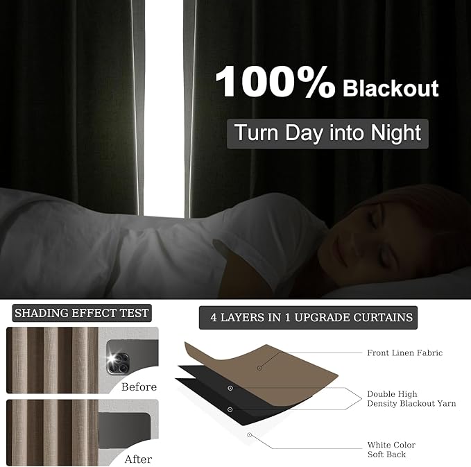 Topfinel 105 Inches Long Custom Black Out Faux Thick Linen Drapery Panels, Taupe Chocolate Brown Pinch Pleated Heat Reflective Neurtral Curtains with Pin Hooks, Luxury Lined Back Tab Drapes Set of 2