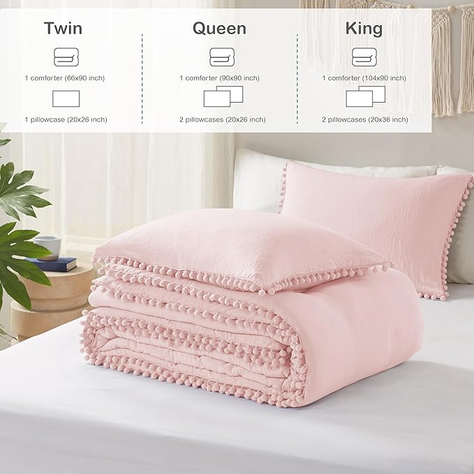 Codi Blush Twin Comforter Set for Girls - Boho Aesthetic Pom Fringe Design Cute Bedding, Soft Washed Microfiber Blush Bed Sets, Lightweight Chic,1 Comforter & 1 Pillowcase