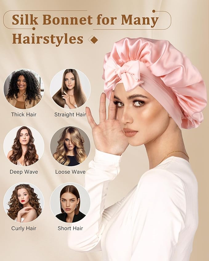 AWAYTR Mulberry Silk Bonnet for Sleeping - Silk Sleep Bonnet with Tie Band for Curly Hair Men and Women (Pink)