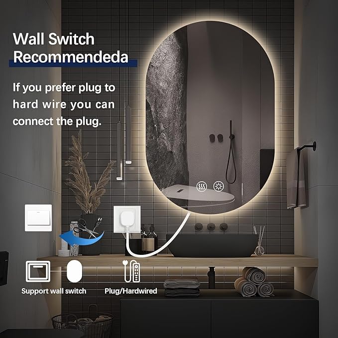 Niccy Oval LED Bathroom Vanity Mirror, 32x20inch Frameless Backlit Mirror with Light, Smart Anti-Fog Waterproof Mirror with Memory Function Dimmable Lighted Mirror
