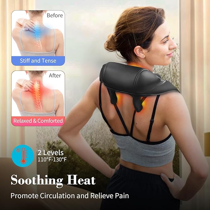 Neck Massager with Heat for Pain Relief - Cordless Shiatsu Massage for Neck Traps Back and Shoulder,Rechargeable Kneading Massage, Gift for Mom/Dad Home Office