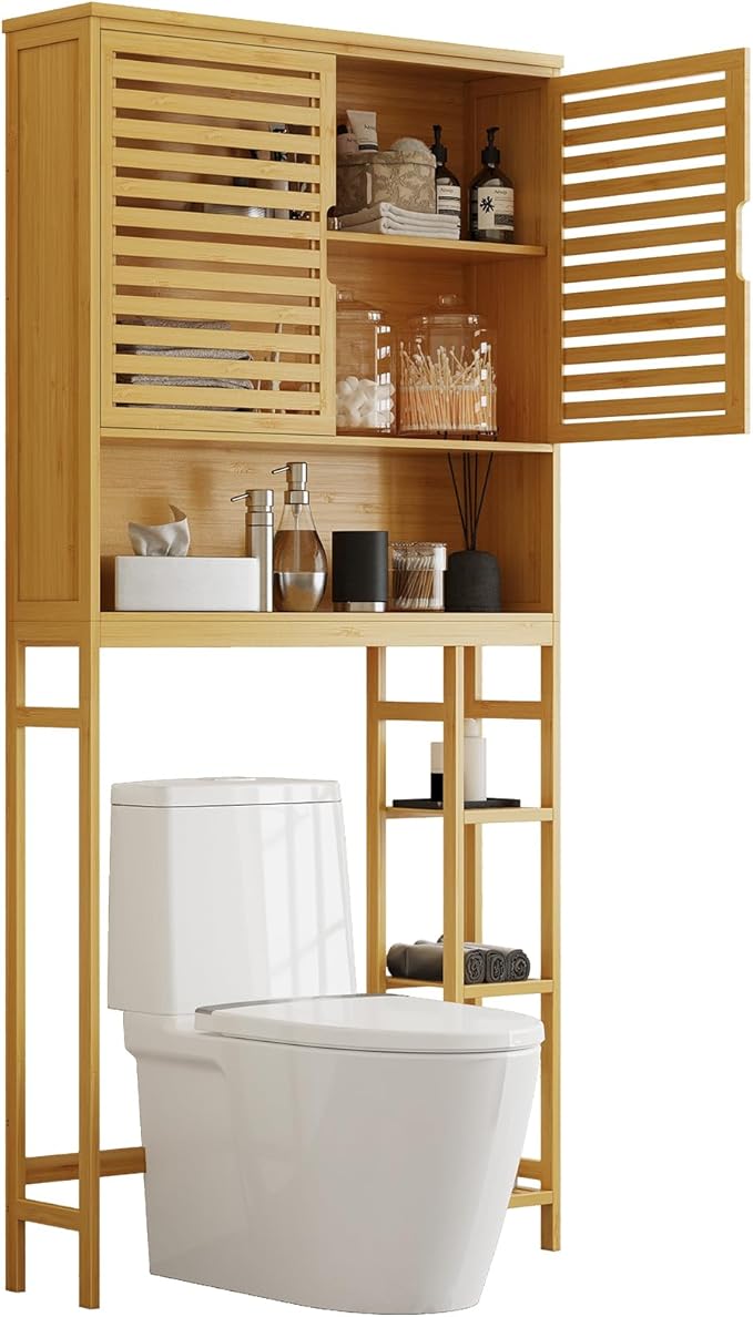 Over The Toilet Storage Cabinet, Bamboo Storage Cabinet Over Toilet with Double Doors & Open Shelves, Freestanding Toilet Shelf Space Saver with Anti-Tip Design, Natural