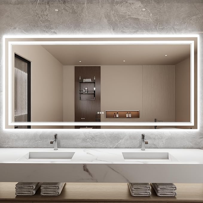 Bathroom Mirror with Lights 40"X84" with Front Light and Backlit, Tempered Glass, Wall Mount Horizontal/Vertical, Stepless Dimmable, 3 Colors, Anti Fog, Bathroom Memory LED Mirror