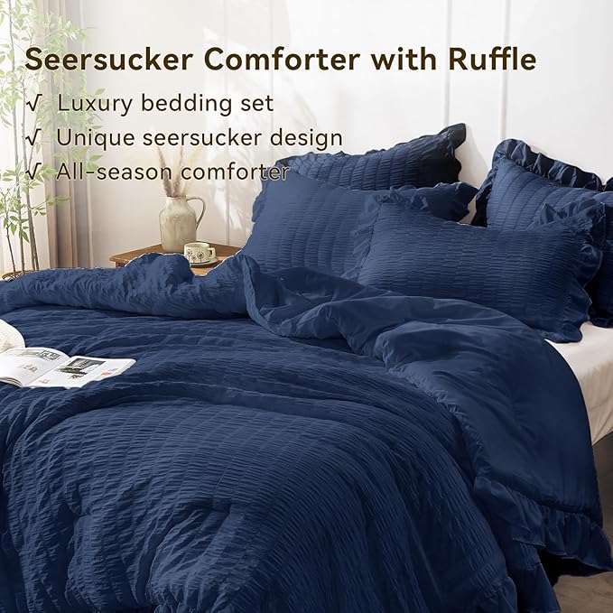 JOLLYVOGUE Navy Blue Comforter Full Size, 3 Pieces Seersucker Lightweight Full Size Bedding, All Season Fluffy Microfiber Bedding Comforter Set with 1 Ruffle Comforter and 2 Ruffle Pillowshams