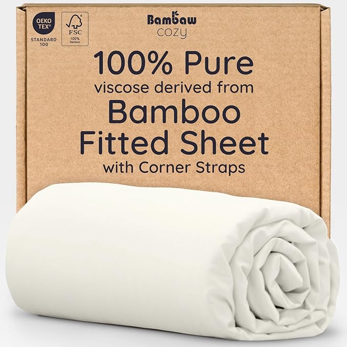 Bambaw 100% Viscose Derived from Bamboo Full Fitted Sheet Size, 15’’ Deep Pocket Full Fitted Sheets Only, Cooling Fitted Sheet with Corner Straps, Breathable Full Size Bed Fitted Sheet Only (Ivory)