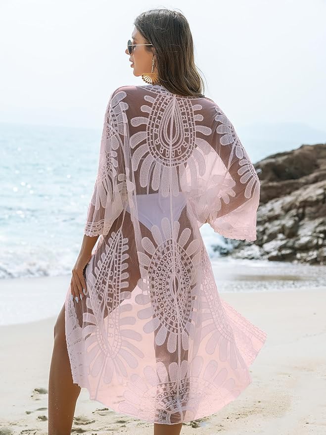 Blooming Jelly Womens Bathing Suit Cover Up 3/4 Sleeve Mesh Swimsuit Coverup Long Floral Beach Lace Kimono Summer Cardigan