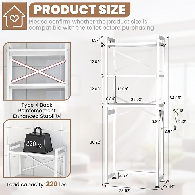 ZZL Over The Toilet Storage,3-Tier,Bathroom Toilet Organizer,Multifunctional Space Saver Freestanding Bathroom Shelves with 4 Hooks,White