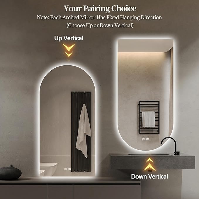 Arched LED Bathroom Mirror, 48"x24" Arch Framless Backlit Mirror with Lights Anti-Fog Dimmable Smart Frameless 3-Color Lighted Vanity Mirror Memory Waterproof, UL Listed, Vertical