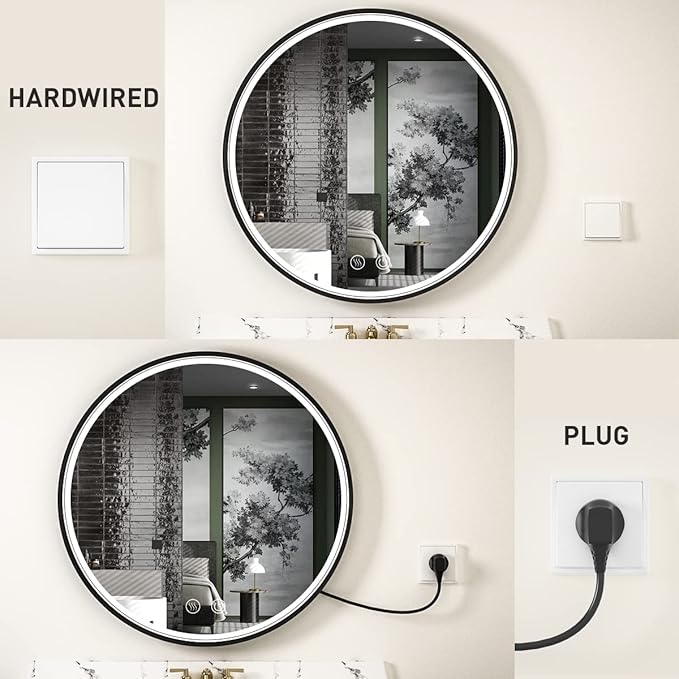 40" Round LED Bathroom Mirror, Dimmable Anti-Fog Vanity Mirror with Touch Control, 6000K Natural Light, Black Metal Frame, Wall Mounted for Makeup Shaving (IP54, 90+ CRI)