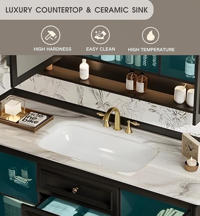 Freestanding Bathroom Vanity with Sink, Solid Wood Bathroom Vanity Set, Vintage Bathroom Vanities with Large Capacity Storage Cabinet and Open Shelf, Elegant Vanities (Black,44")
