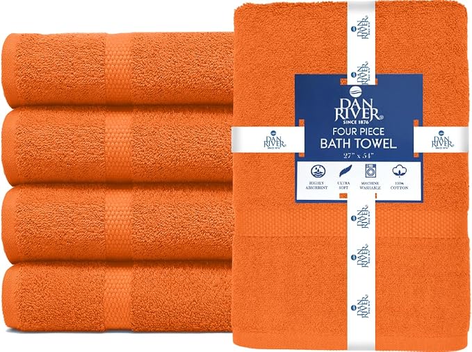 DAN RIVER Bath Towels Set of 4, 27 x 54 Inches, 100% Cotton, Larger & Lighter Weight, Quicker to Dry, Super Soft and Absorbent, Ideal Bathroom Towels Set for Daily Use, Orange