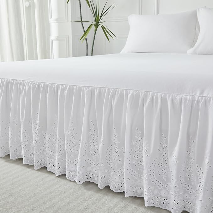 Brandream White Eyelet Bed Skirt Queen Size 100% Cotton Ruffled Dust Ruffle Bed Skirt 18 Inch Drop with Embroidered Floral Design Queen Size Beds