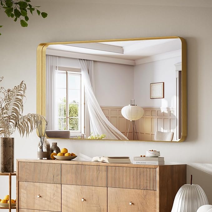 VooBang Bathroom Mirror 30x48 inch, Gold Gorgeous Deep Frame Wall Mirror, Modern Round Corner Bathroom Vanity Mirror for Bedroom, Living Room, Hanging or Leaning Horizontal or Vertical, Gold