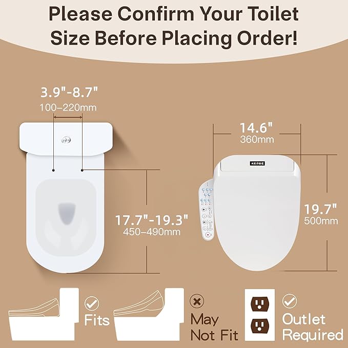 KERDE P30A Electric Bidet Toilet Seat with Auto Flush & Dual-Control (Remote+Panel) – Heated Seat, Warm Water Wash, Self-Cleaning Nozzle, Universal Fit for Elongated Toilets (Remote+Armrest)