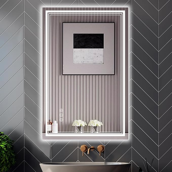 24x36 Inch LED Bathroom Mirror with Frontlit & Backlit（Independent Control）, Lighted Mirror for Bathroom Wall with 3-Color Dimmable & Anti-Fog, Vanity Mirror with Lights