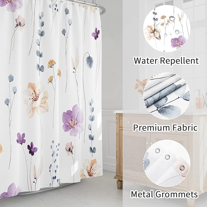 Gibelle Extra Long Shower Curtain 72 x 84, Watercolor Floral Fabric Shower Curtain, Purple Beige Flower Decorative Bathroom Shower Curtain Set with Hooks